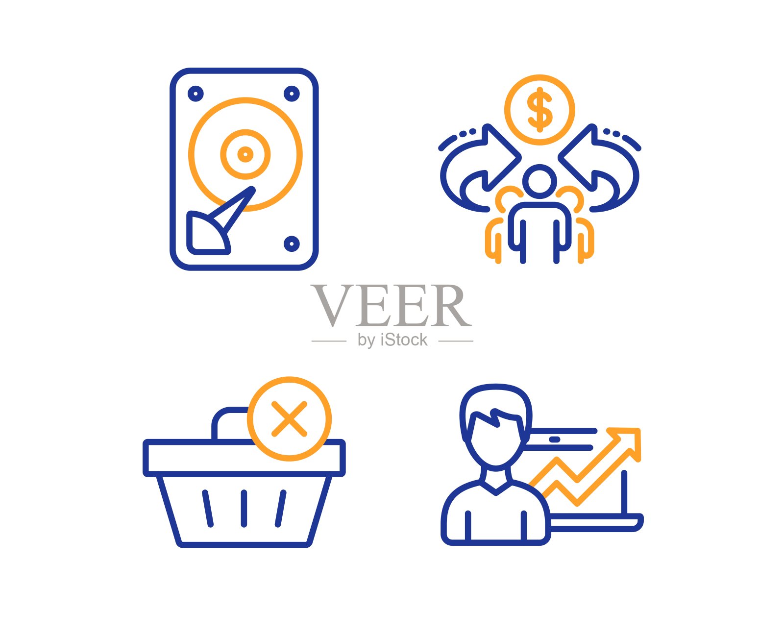 共享经济,硬盘和删除购买图标集。成功的商业标志。向量图标素材