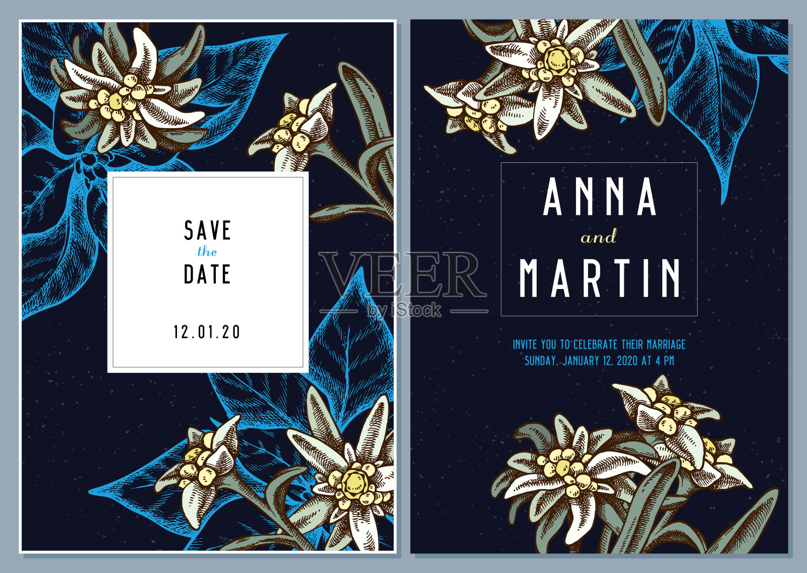 深色的婚礼请柬和彩色的雪绒花设计模板素材