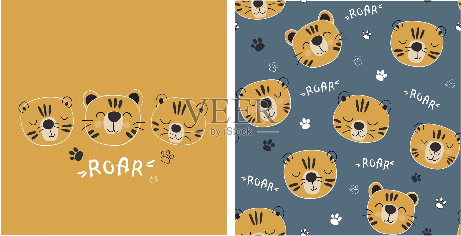 套老虎印和无缝图案与可爱的老虎。向量illustreation插画图片素材