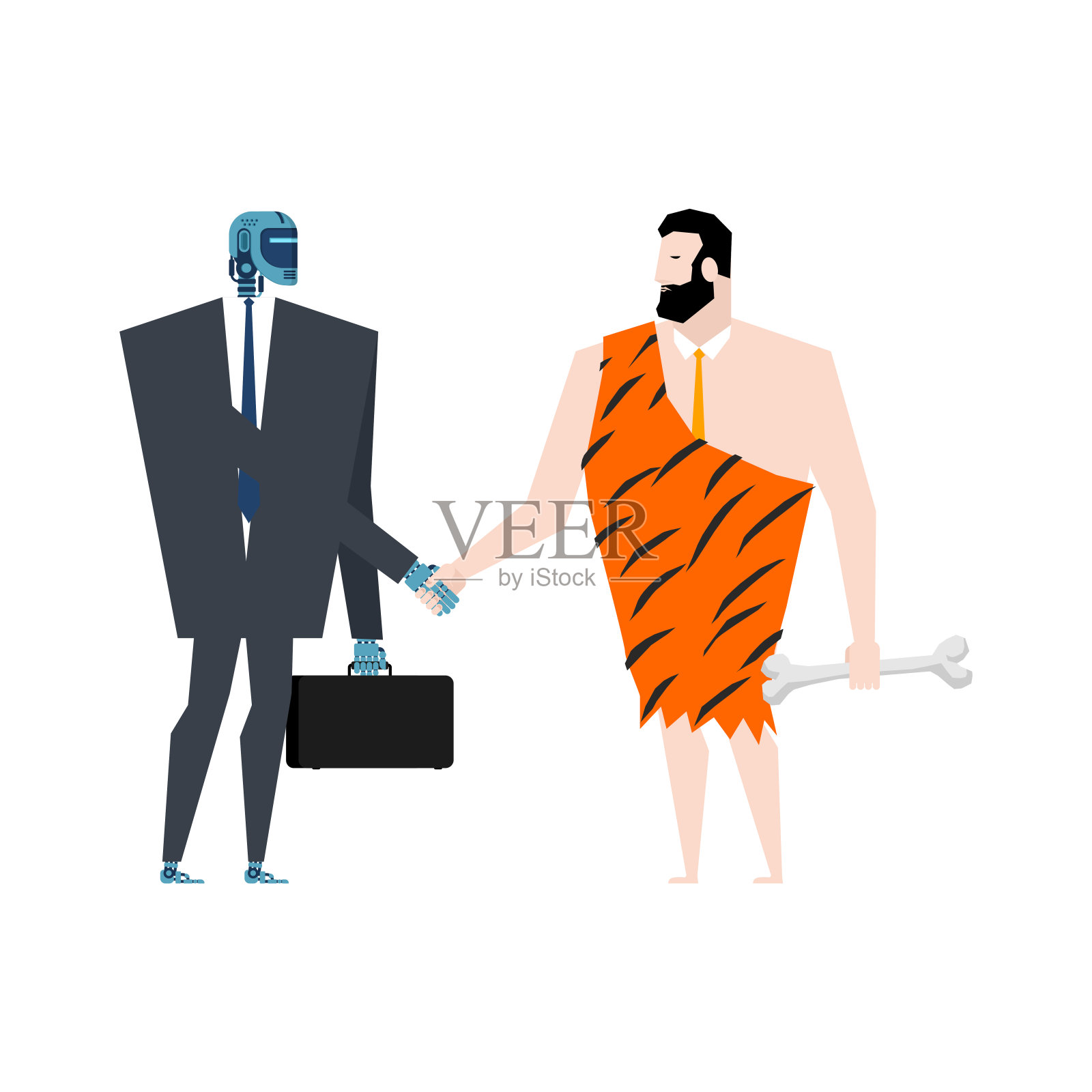 穴居人和机械人握手。机器人和史前人类契约。人工智能与远古人类。矢量图插画图片素材
