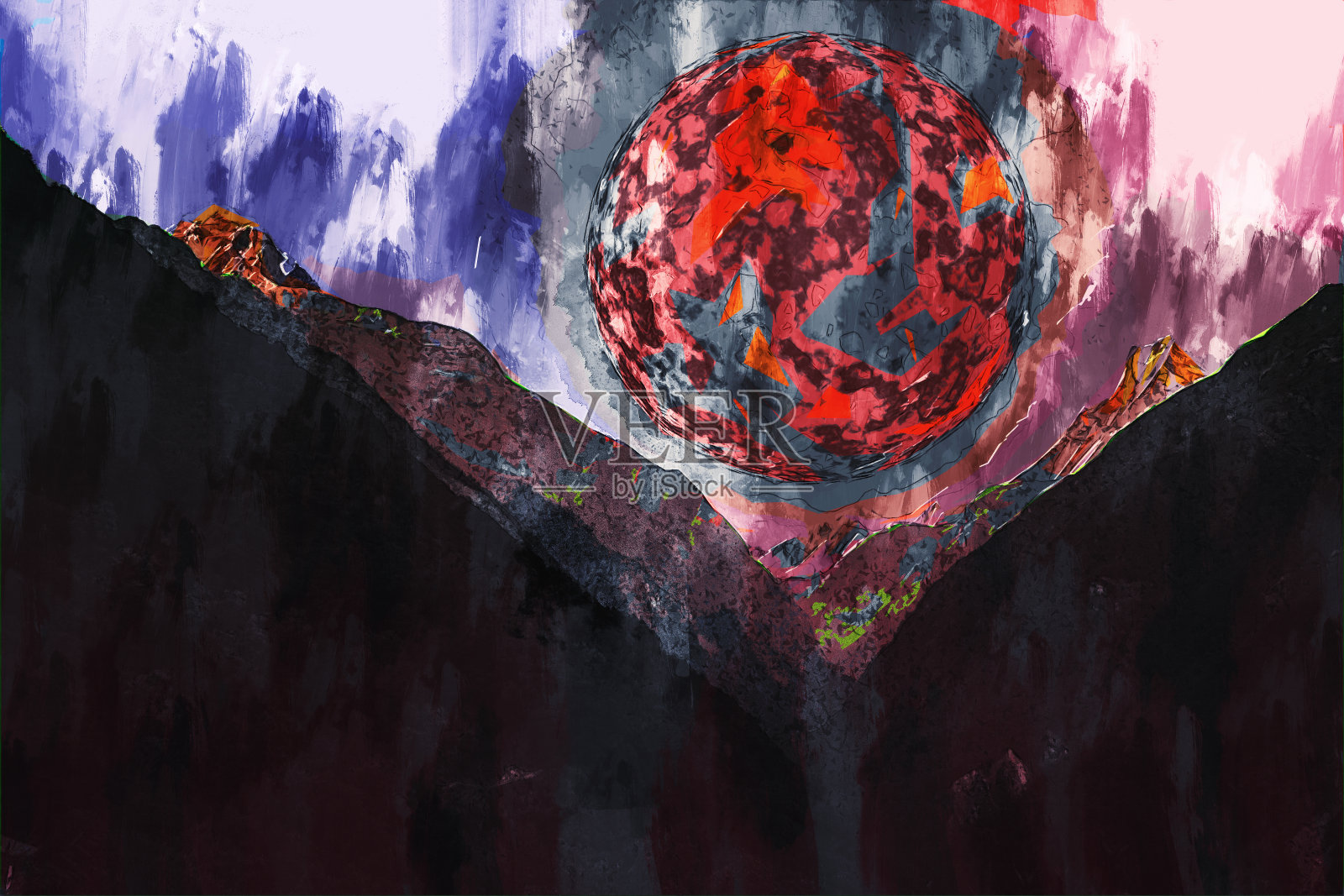 数字绘画的山与另一个星球的背景,幻想图像插图插画图片素材