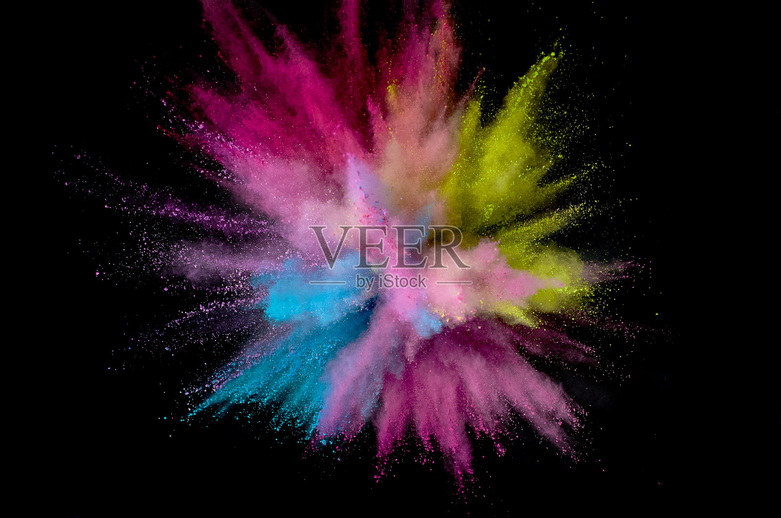 彩色粉末爆炸。抽象特写灰尘的背景。色彩斑斓的爆炸。油漆胡里节照片摄影图片