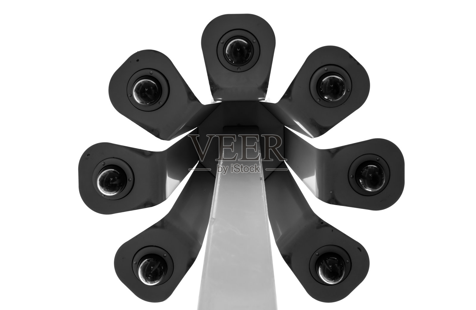 许多圆形的闭路电视摄像机在白色柱子上照片摄影图片