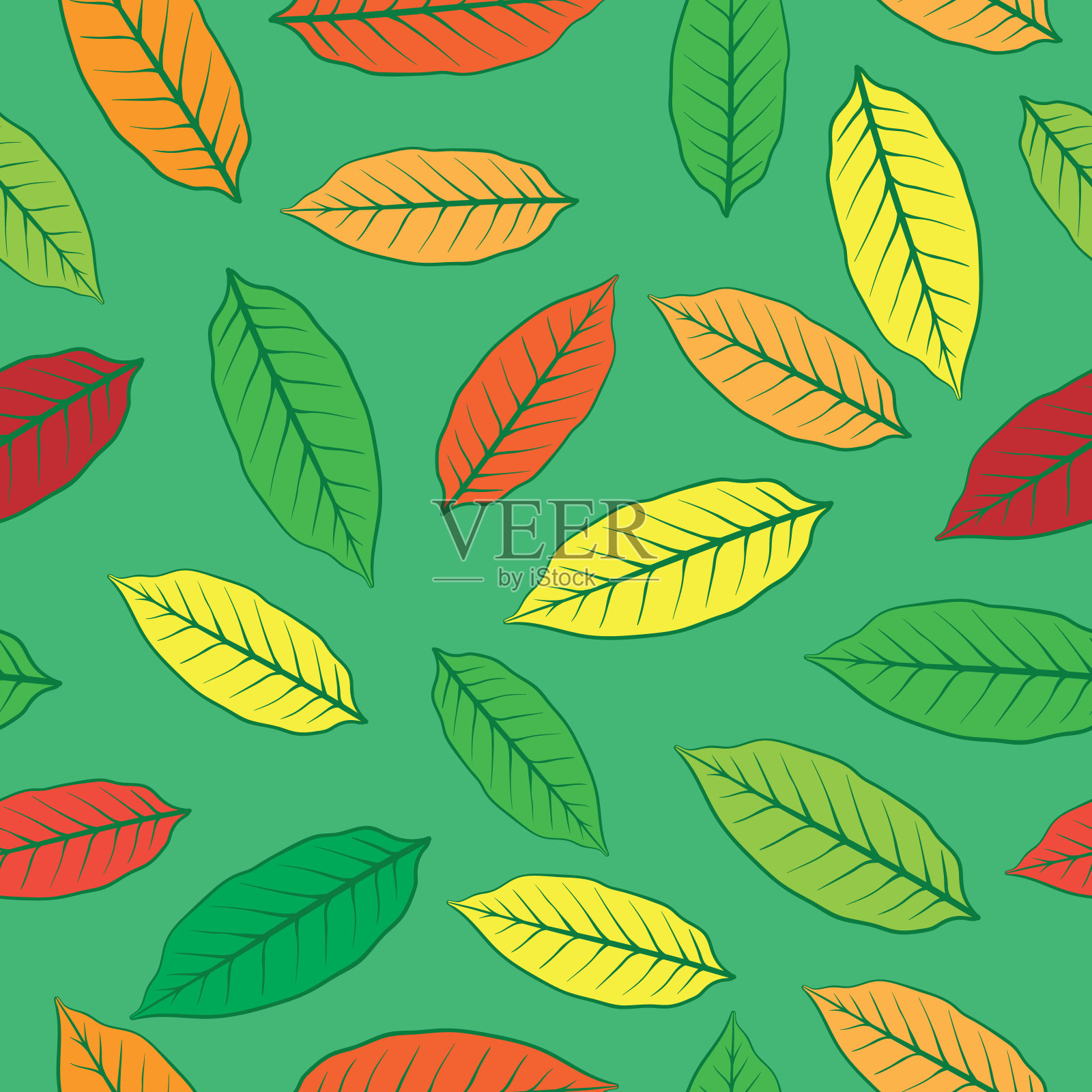 各种颜色的叶子无缝图案。绿色背景。矢量插图。插画图片素材