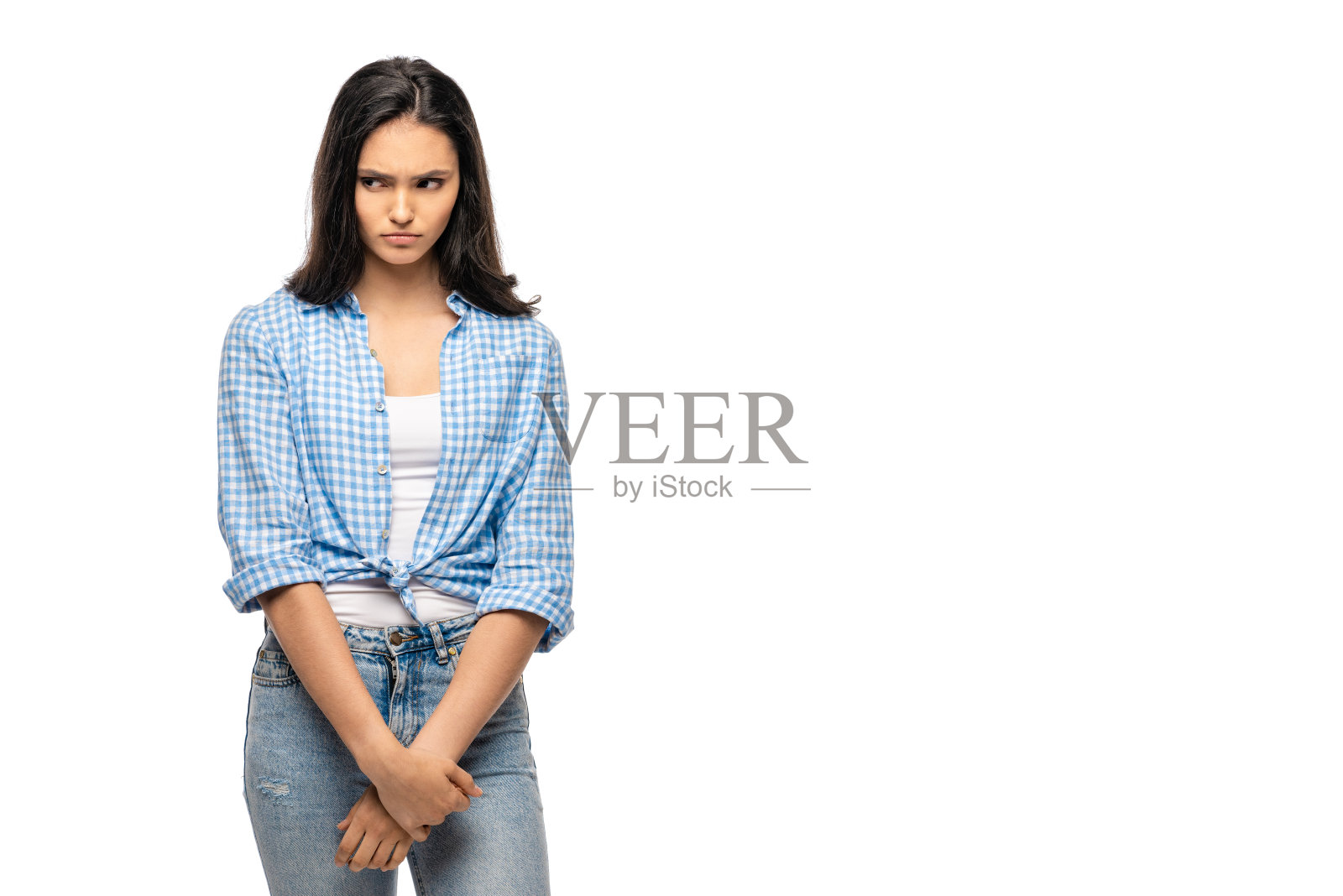 美丽悲伤的女孩孤立在白色与复制空间照片摄影图片