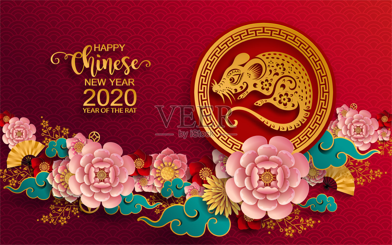 2020年中国新年鼠年,纸鼠人物,花和亚洲元素与工艺风格的背景。 (中文翻译:祝2020年鼠年新年快乐)插画图片素材