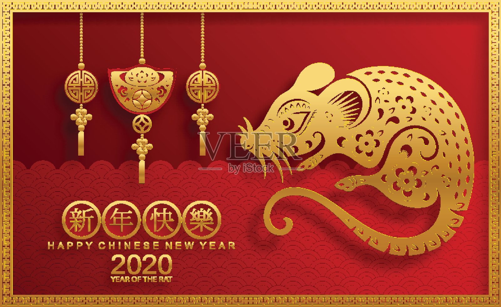 2020年中国新年鼠年,红色和金色剪纸鼠的性格,花和亚洲元素与工艺风格的背景。 (中文翻译:祝2020年鼠年新年快乐)插画图片素材