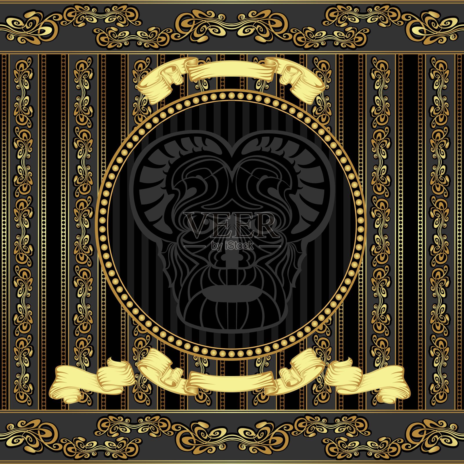 金色背景中心的抽象脸插画图片素材