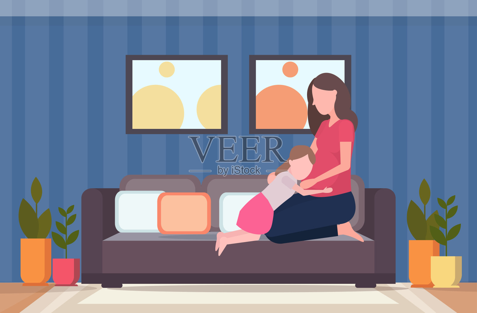 小女孩听着她怀孕妈妈的肚子快乐的女人等待着新生儿快乐的家庭有乐趣怀孕的概念全长度现代客厅室内水平插画图片素材