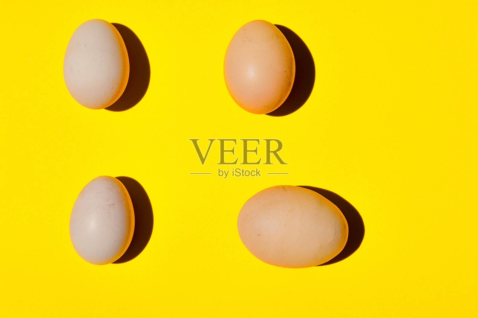 一个蛋模式。黄色背景上有不同大小的鸡蛋。照片摄影图片