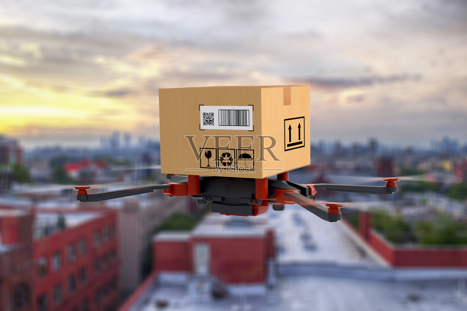 运送无人机正在城市上空飞行照片摄影图片