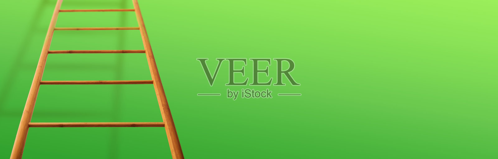 新目标的概念。倚在绿墙上的梯子照片摄影图片