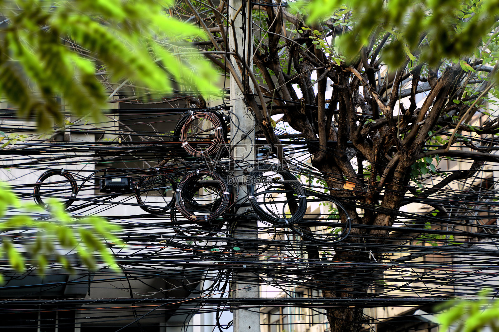 城市街道上的电力线路照片摄影图片