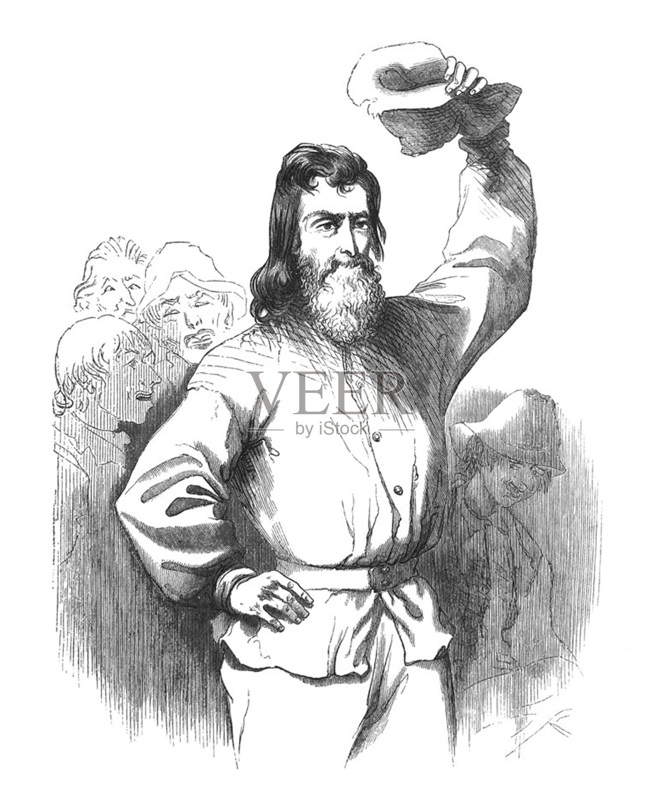 古董插图-人与手在臀部托他的帽子插画图片素材