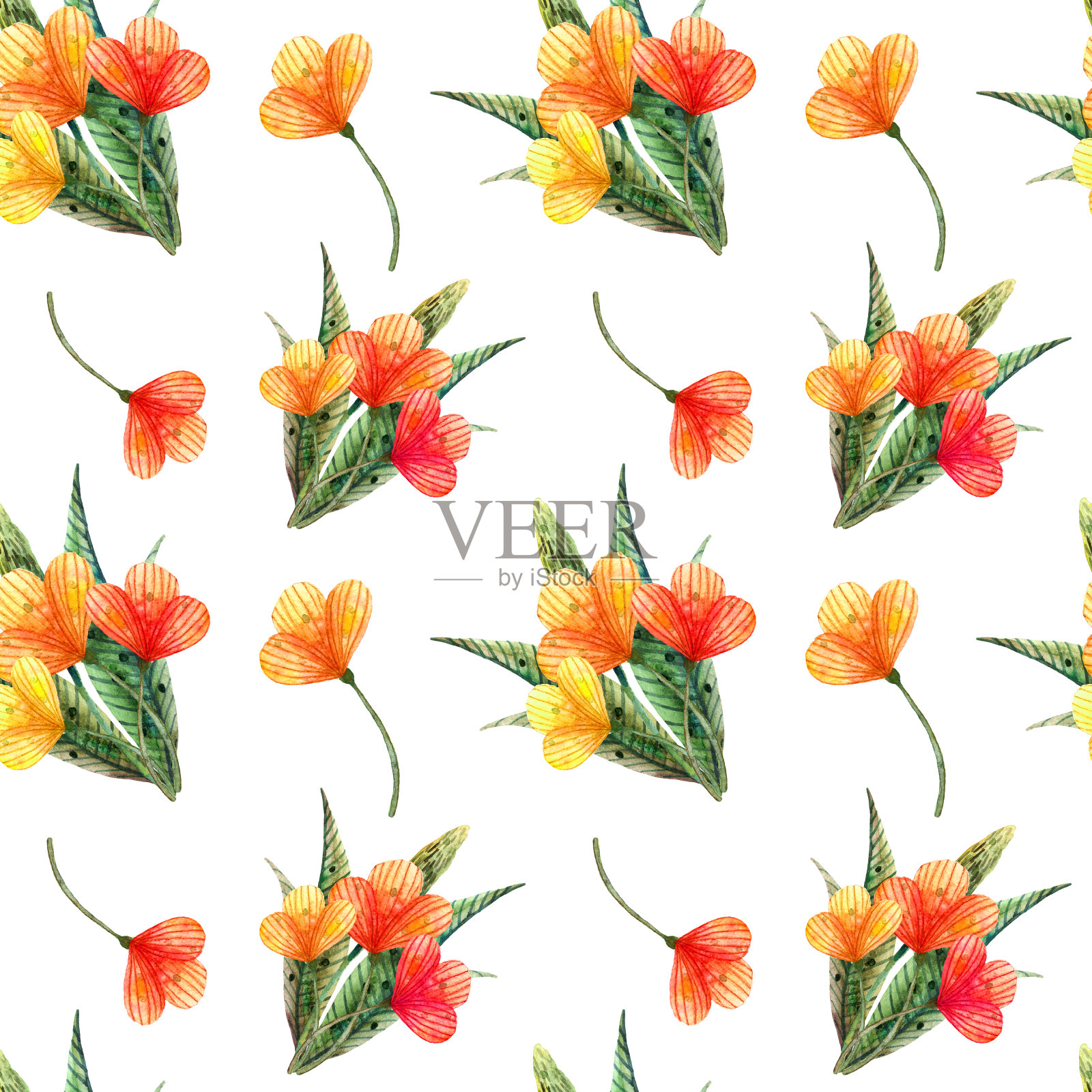 水彩野花。无缝模式与一束橙色花在白色的背景插画图片素材
