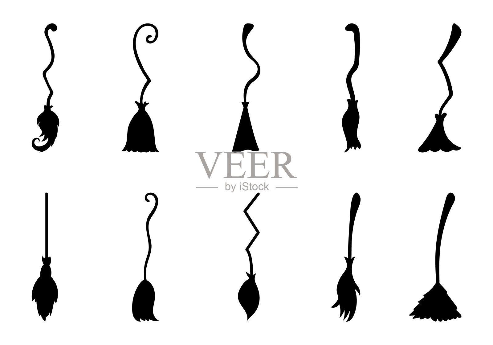 一套不同的女巫扫帚孤立在白色的背景。万圣节装饰元素。矢量插图为任何设计。插画图片素材