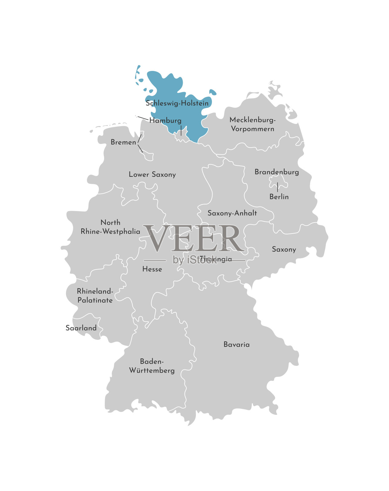 简化的德国行政地图矢量孤立插图。石勒苏益格-荷尔斯泰因州的蓝色剪影。灰色的剪影。白色的轮廓插画图片素材