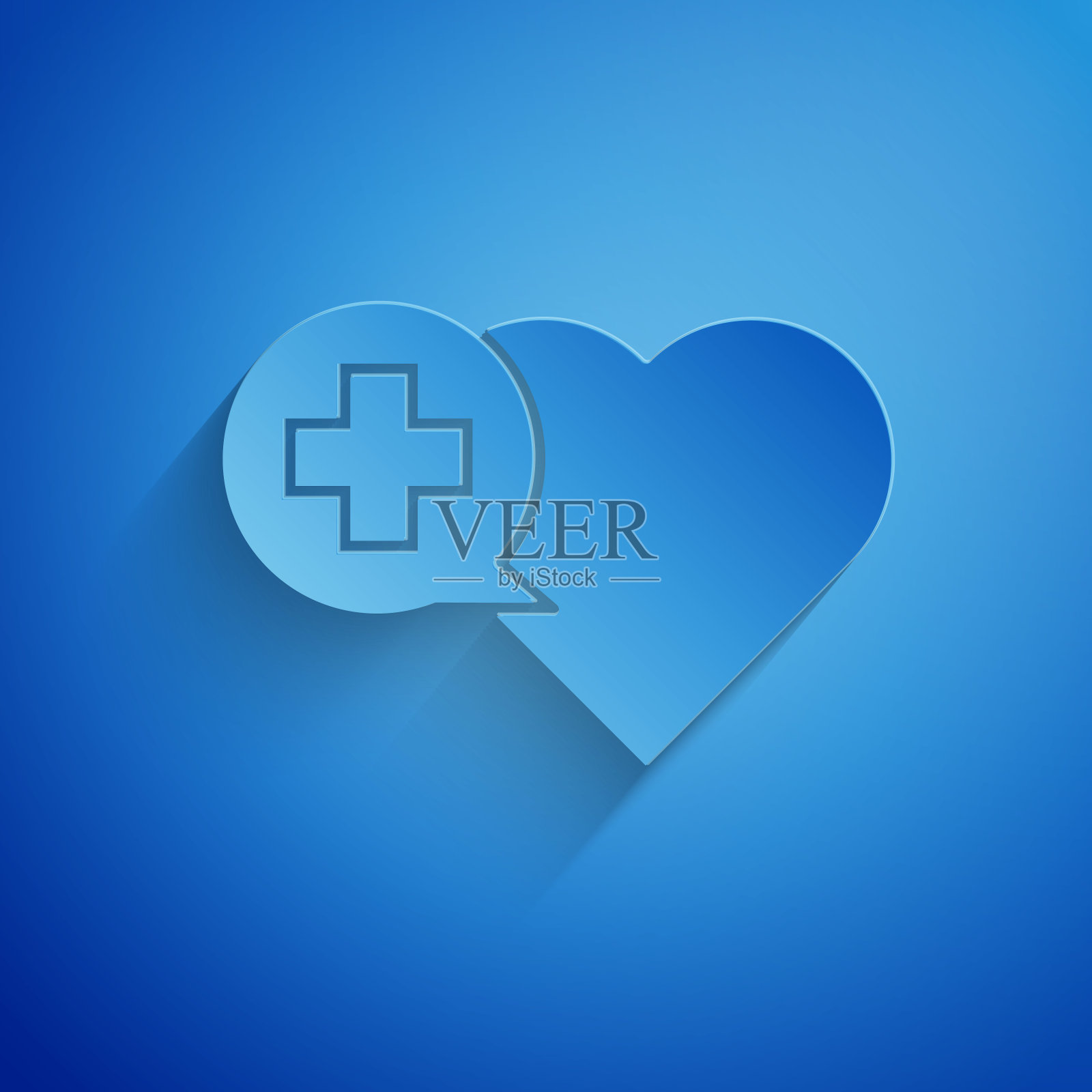 剪纸心与十字图标孤立在蓝色背景。急救。医疗保健、医疗和药品标志。纸艺术风格。矢量图插画图片素材