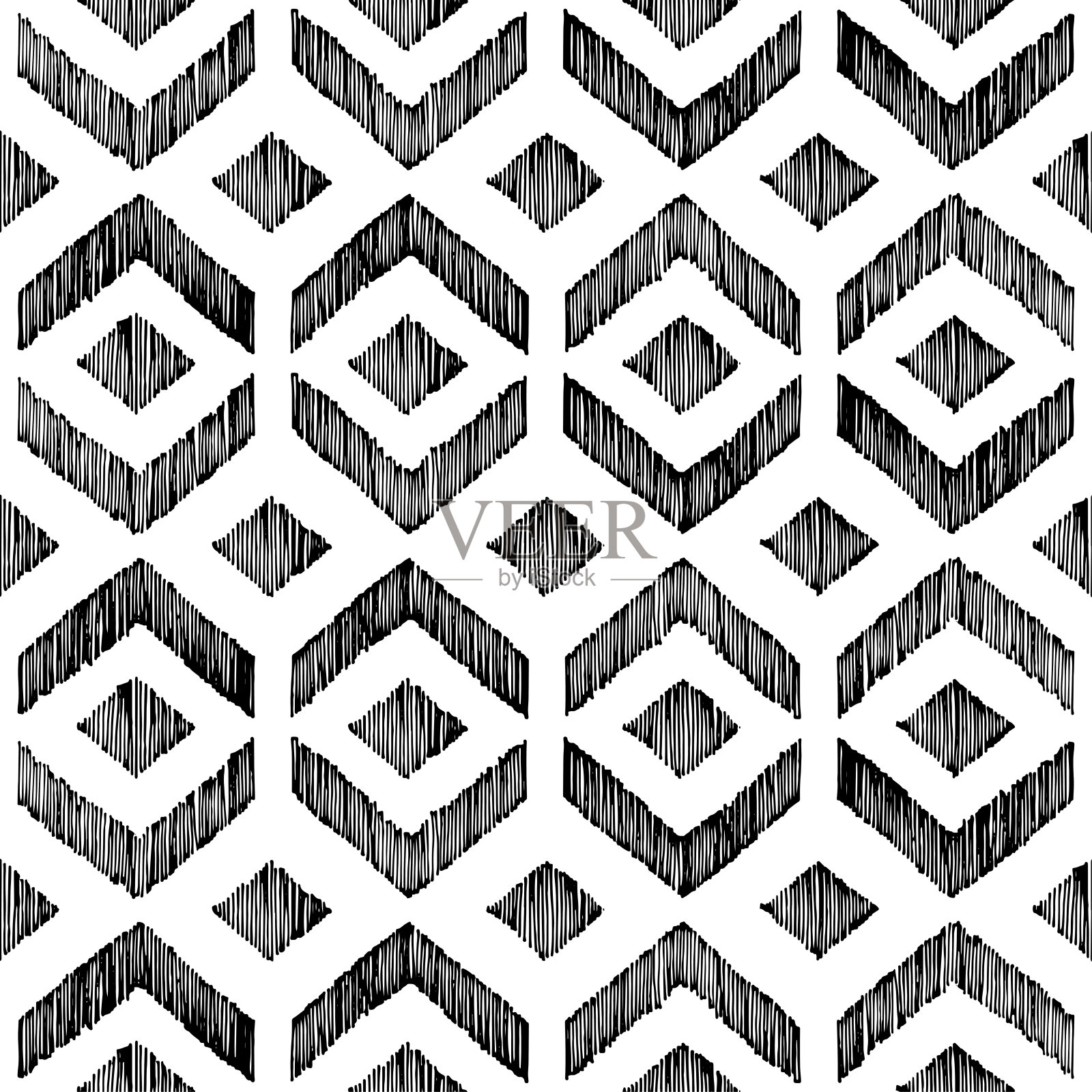 无缝黑白伊卡特图案。手绘打印在纸上。插画图片素材
