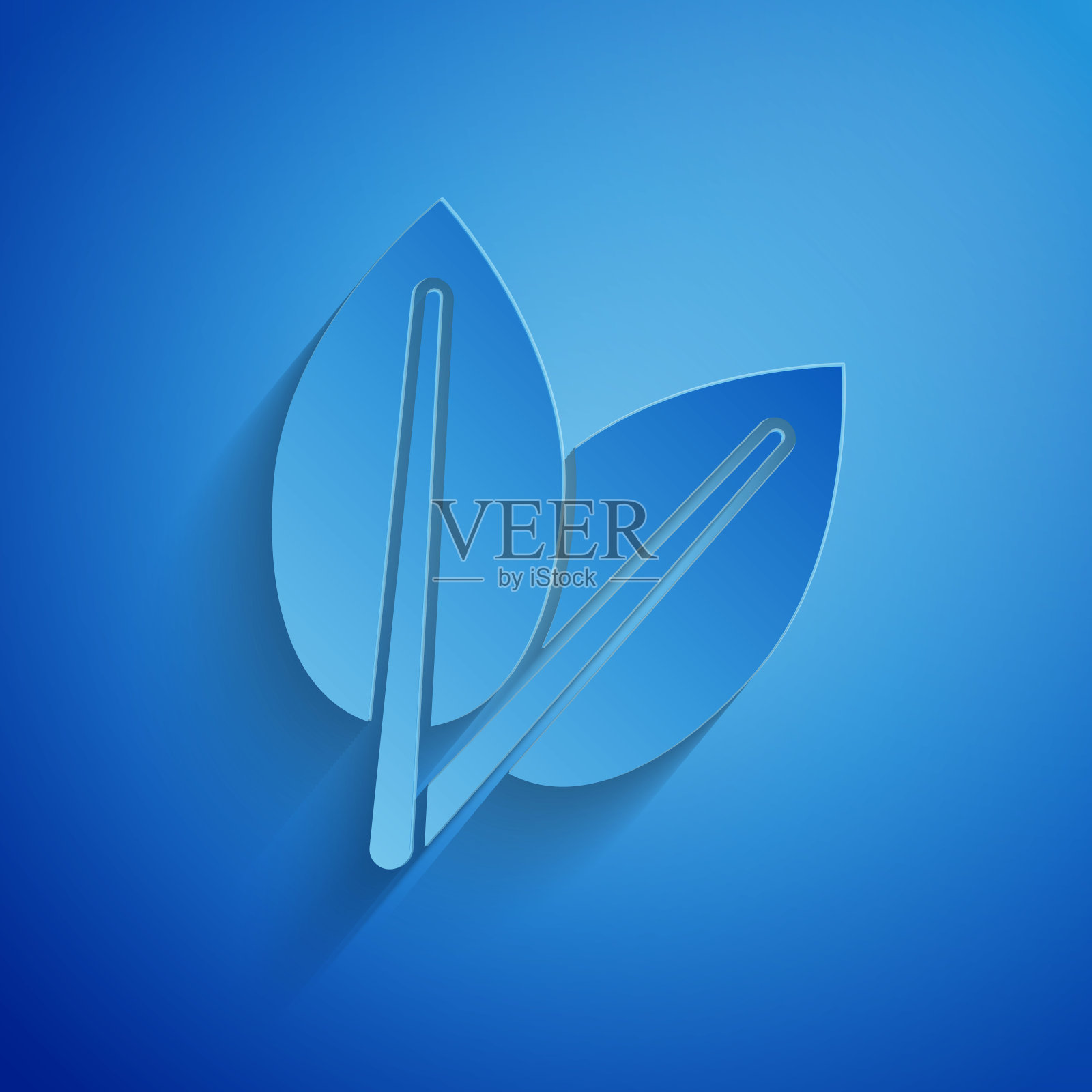 剪纸叶子图标孤立在蓝色背景。新鲜天然的产品标志。纸艺术风格。矢量图插画图片素材