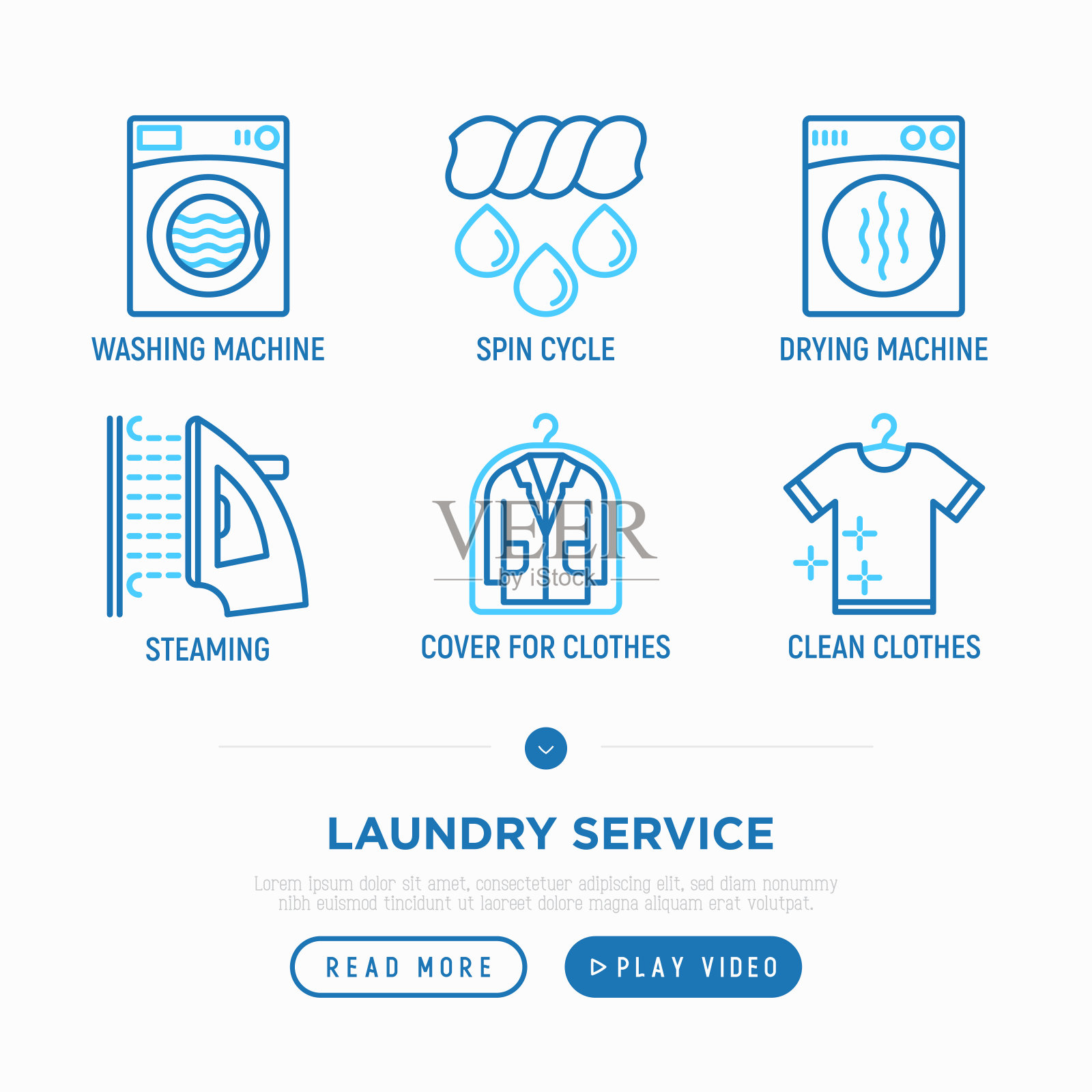 洗衣服务细线图标集:洗衣机,旋转循环,烘干机,衣服盖,蒸,臭氧氧化。现代矢量插图。插画图片素材