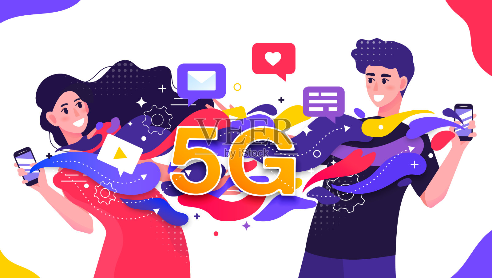 彩色矢量插图描绘了一个5G蜂窝网络,两个快乐的年轻人在他们的手机或智能手机之间快速传输约会数据插画图片素材