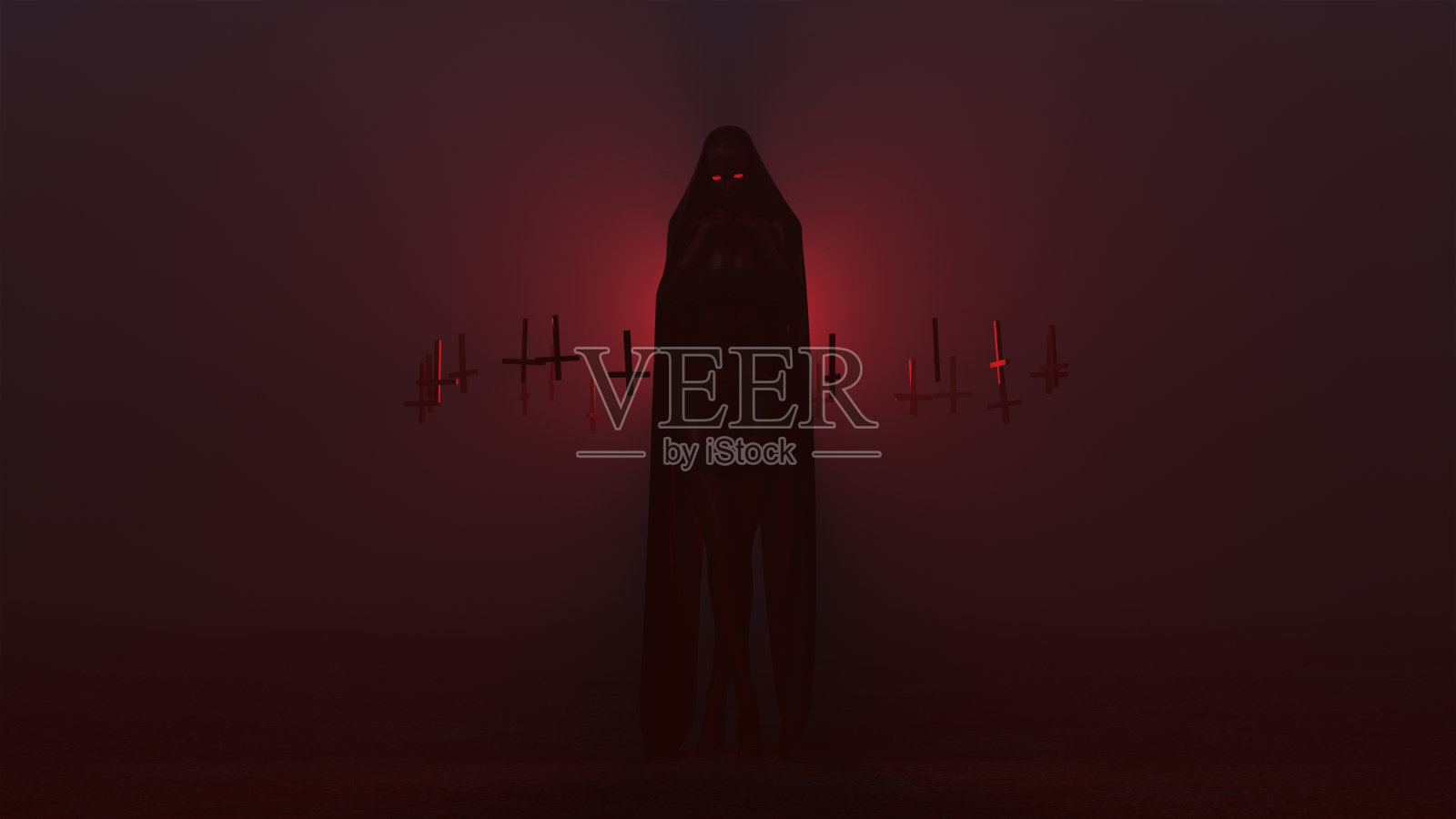 黑色斗篷诱惑的吸血鬼魔鬼包裹在未来的高级定制连衣裙和颠倒漂浮十字架抽象的恶魔在雾空插画图片素材