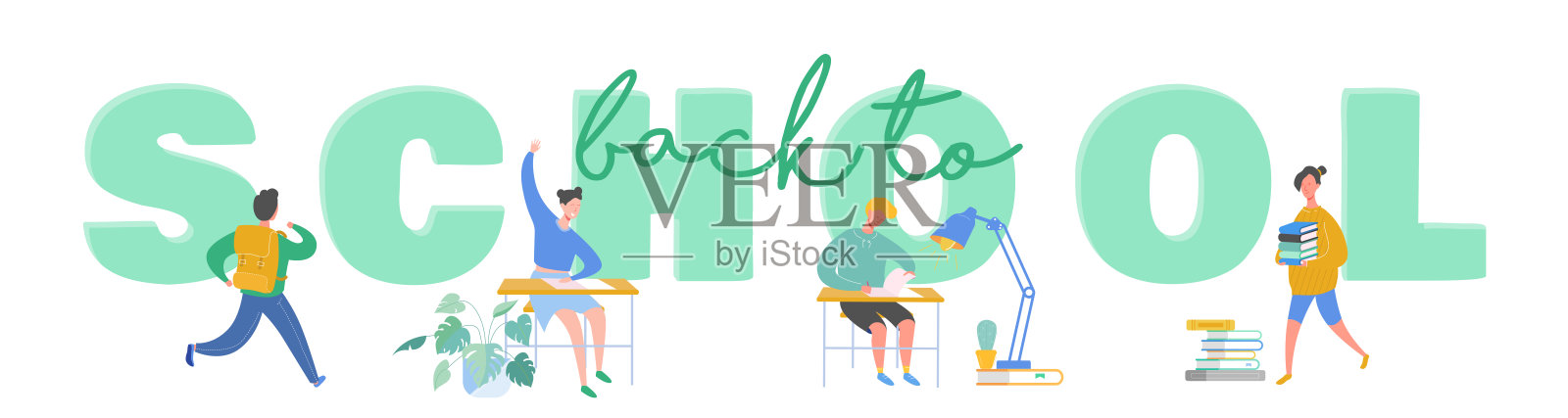 小学生,小学生,去学校的学生,学院,大学。坐着女学生和男学生,拿着书的学生。科教印刷概念海报。矢量图插画图片素材