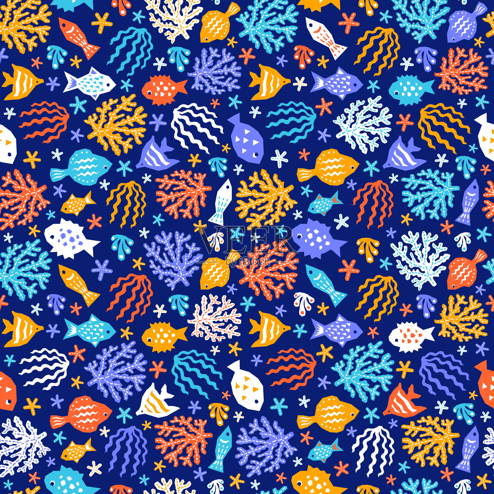 海洋风格无缝图案剪纸海洋设计元素。无尽有趣的卡通背景为孩子布纺织印花,壁纸,包装。EPS 10矢量图插画图片素材