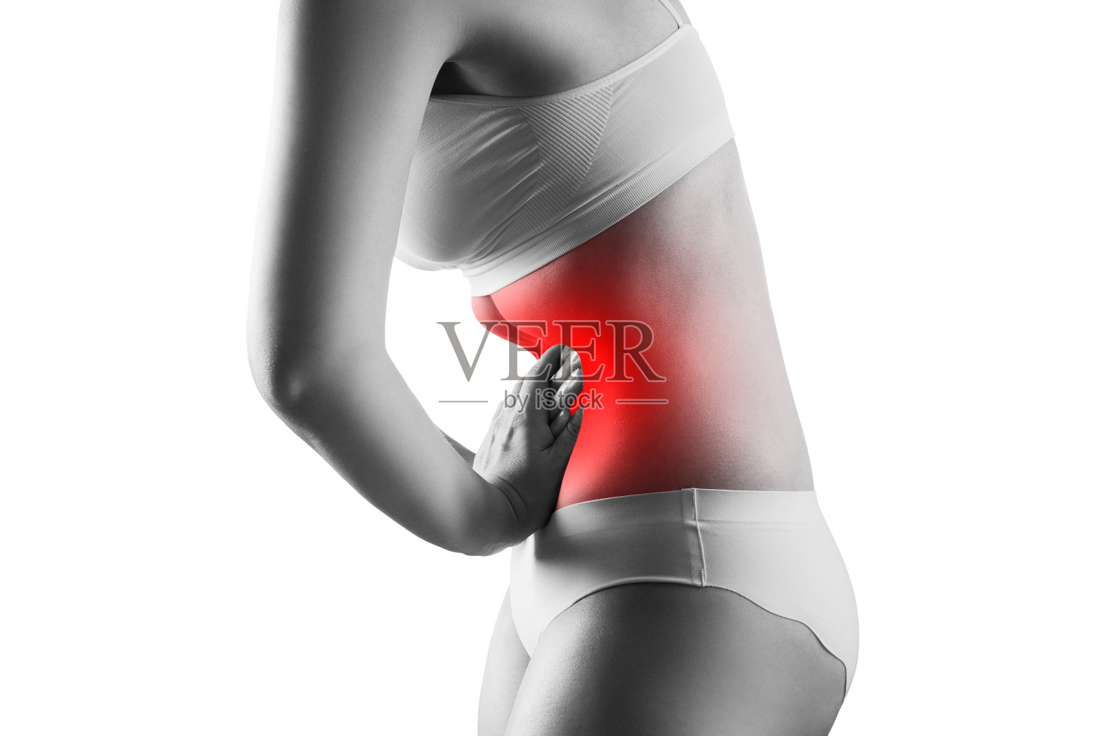 妇女腹痛,腹痛孤立在白色背景照片摄影图片