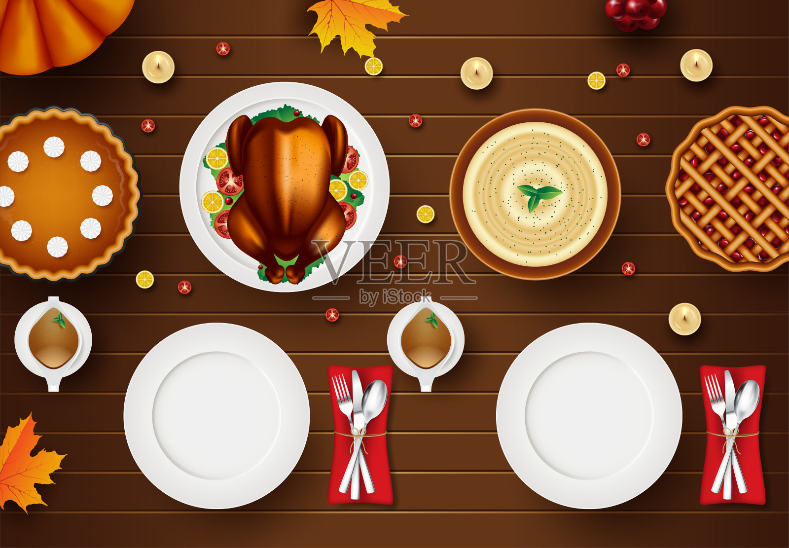 木制背景上的秋季图标感恩节快乐卡片。五颜六色的设计。矢量图插画图片素材