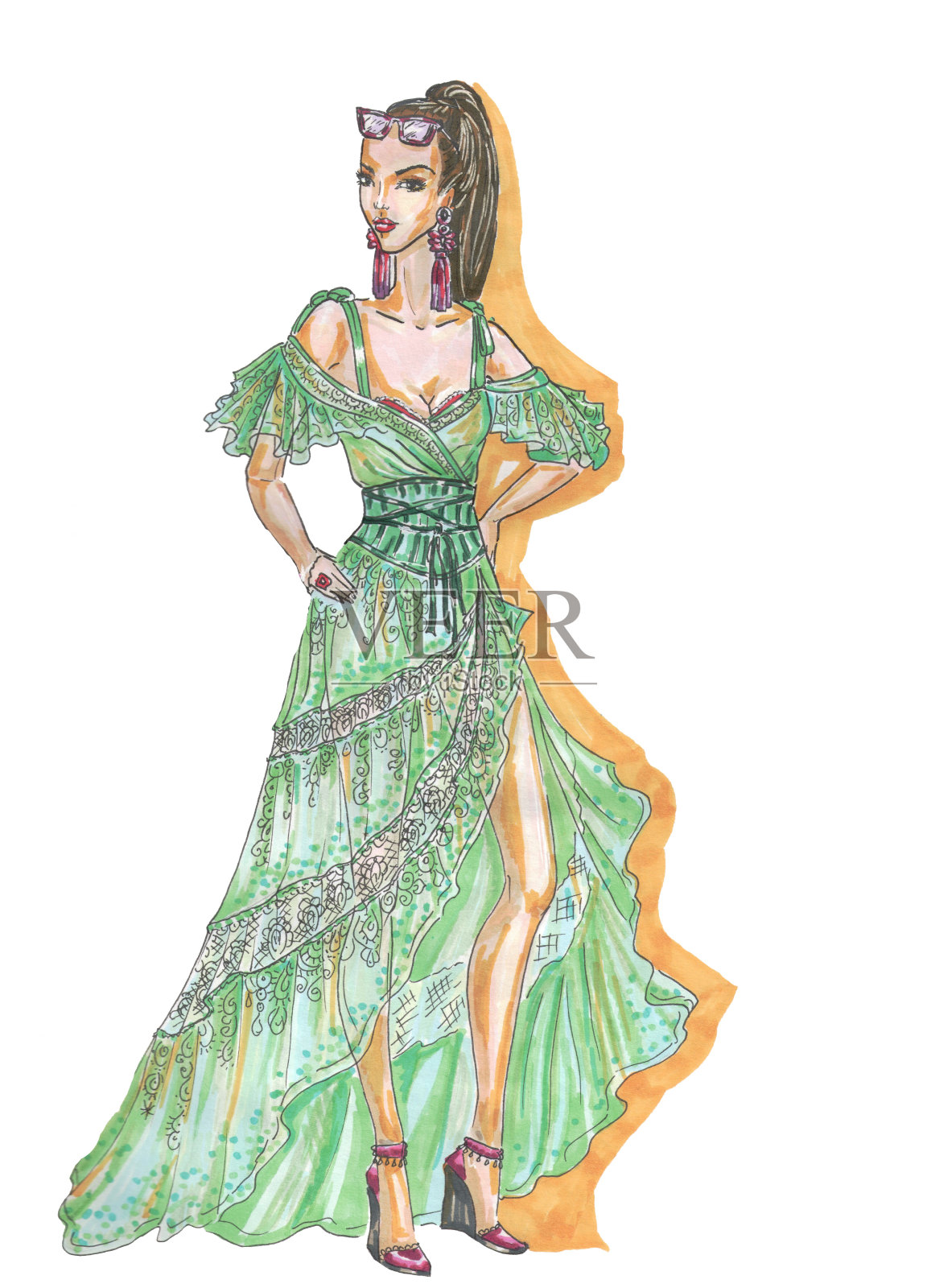 黄色背景下穿着绿色夏季长裙的女孩插画图片素材