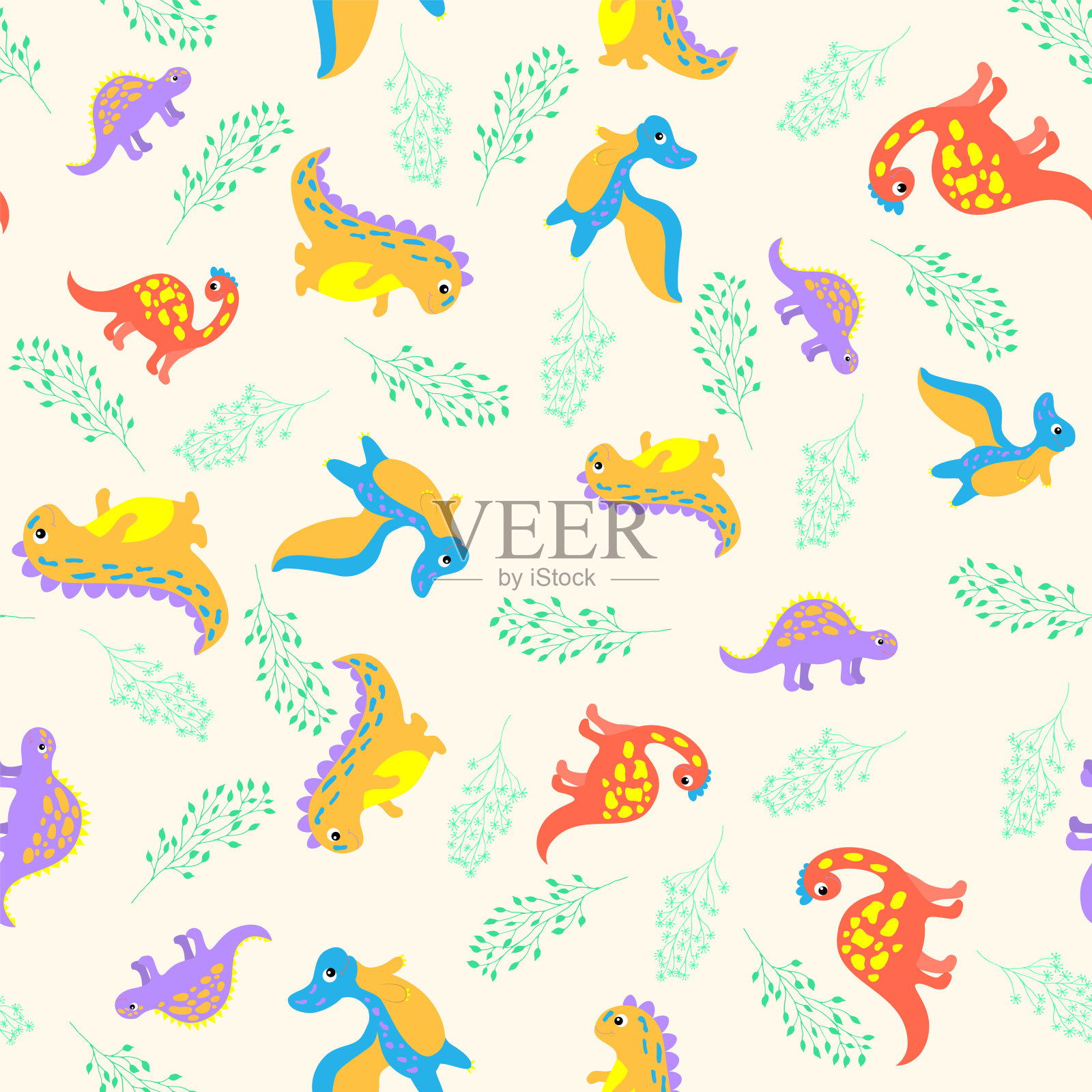 复古与恐龙面料设计。无缝花卉背景图案。矢量插图艺术。夏季热带树叶。织物壁纸印花纹理。复古背景图案无缝。插画图片素材