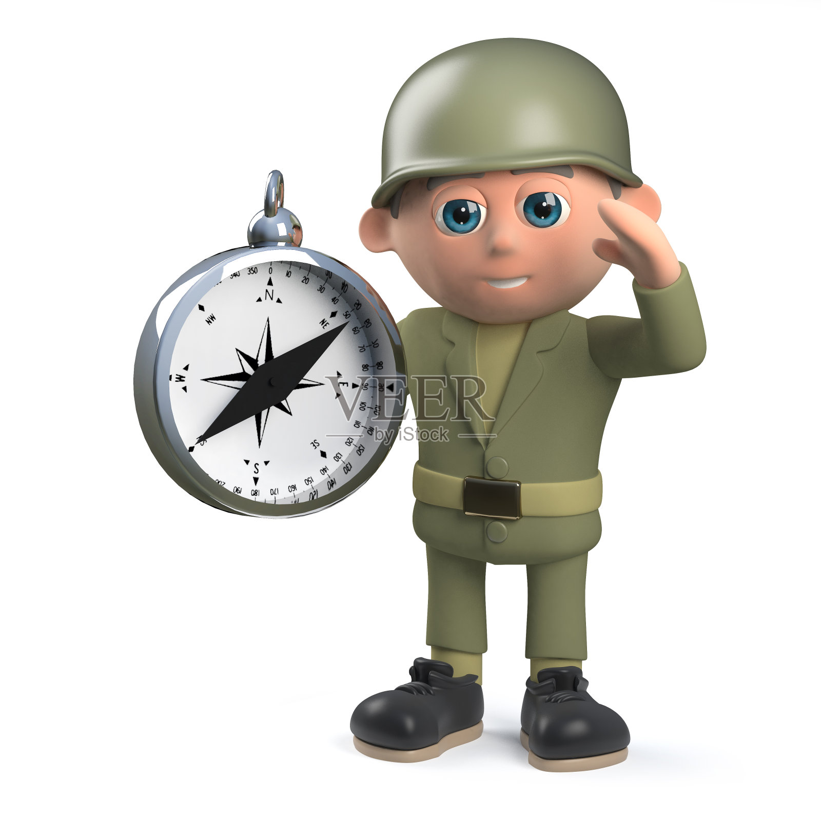 卡通3d军人人物持有一个导航罗盘照片摄影图片
