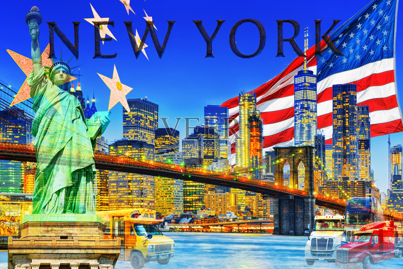 纽约夜景曼哈顿下城和横跨东河的布鲁克林大桥。照片摄影图片