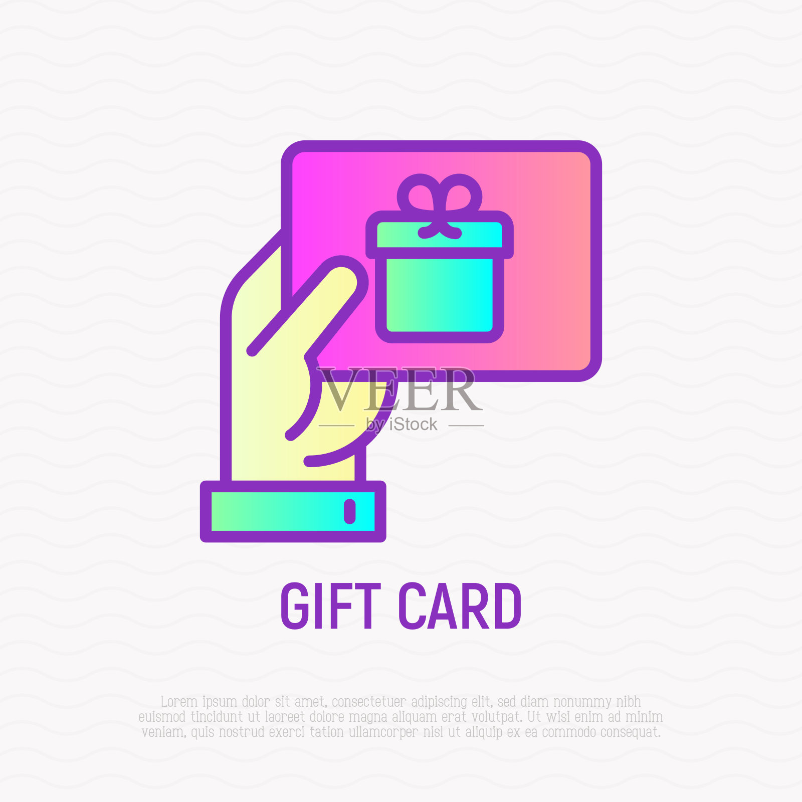 手拿礼品卡。购买凭证,折扣,优惠券。细线图标。现代矢量插图礼物圣诞节,情人节或生日。插画图片素材