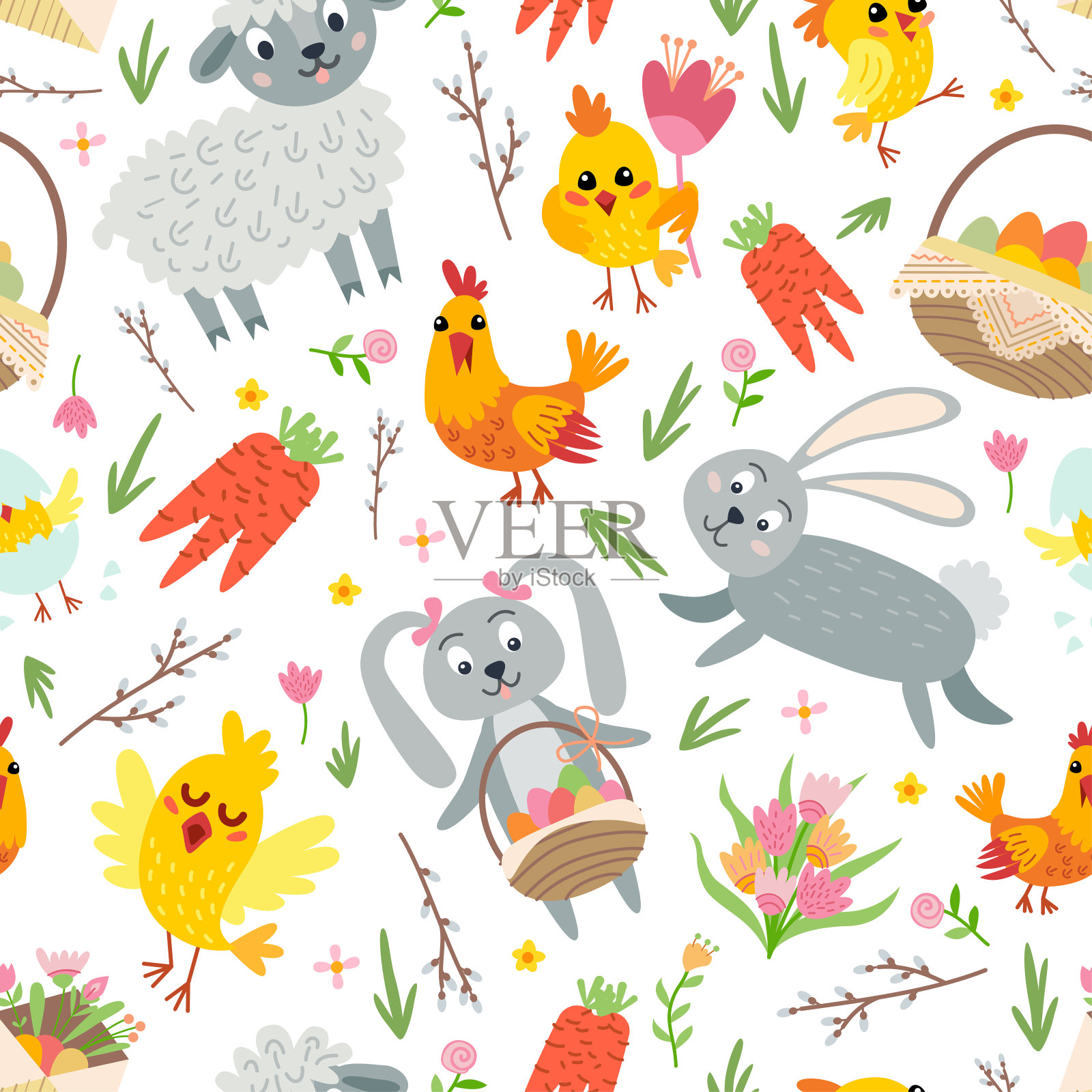 复活节无缝模式。假日复古背景与卡通复活节符号。插画图片素材