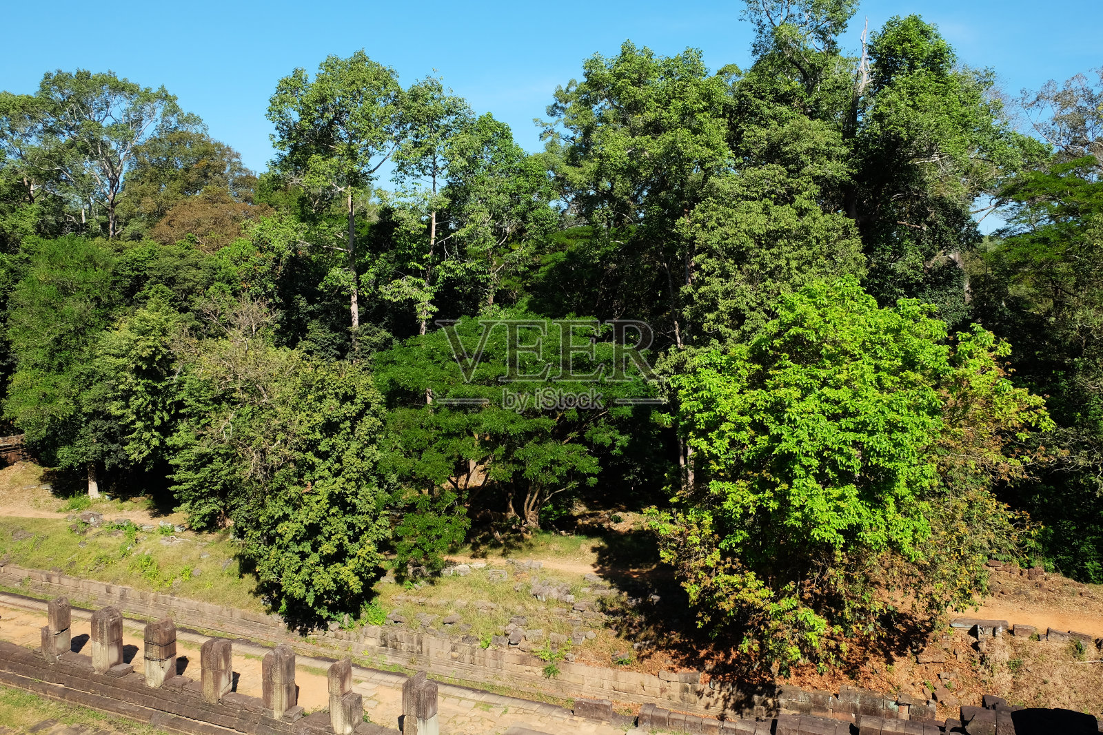 热带雨林中的古高棉建筑遗址。晴朗的天气。照片摄影图片