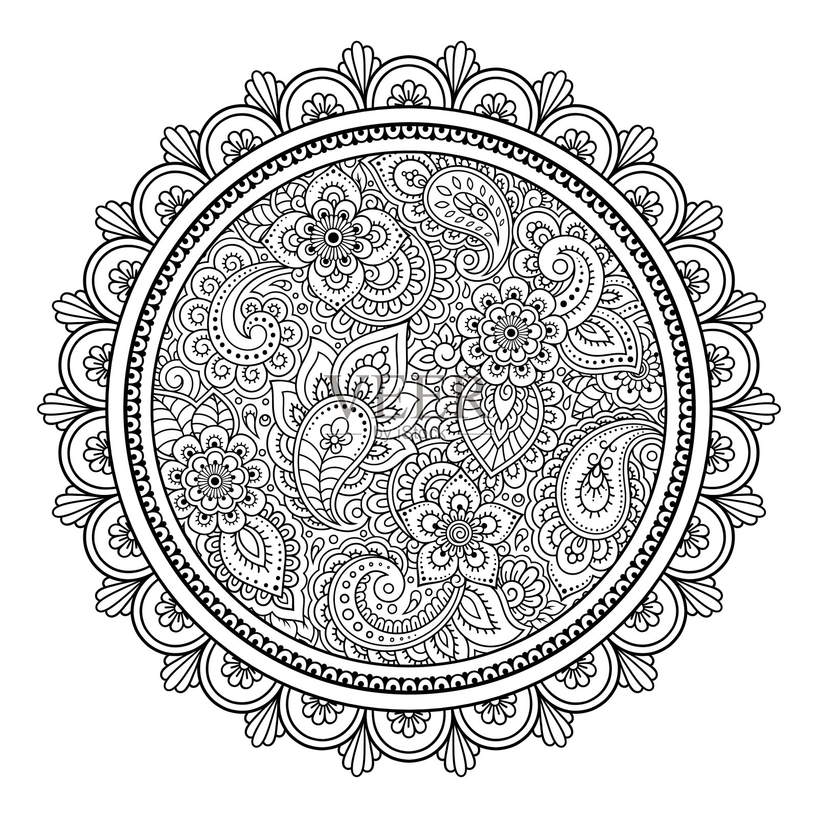 圆形曼陀罗的形式与花为指甲花,曼海蒂,纹身,装饰。具有民族东方风格的装饰装饰。轮廓涂鸦手绘矢量插图。插画图片素材