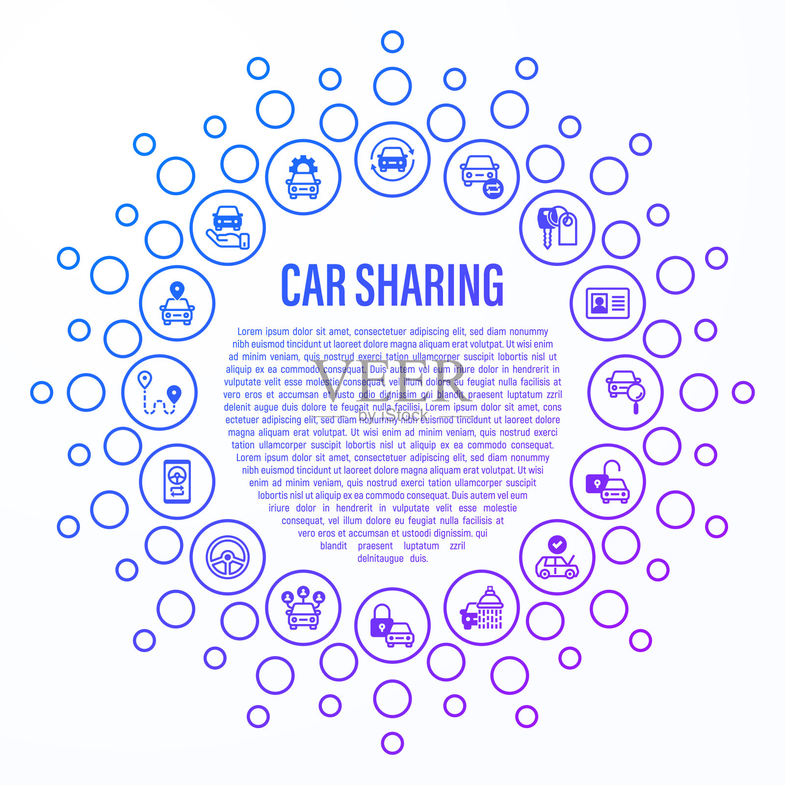 圆形汽车共享概念。智能手机app、驾照、图章、钥匙、验车、路线、开、关车、同步细线图标。矢量插图。插画图片素材