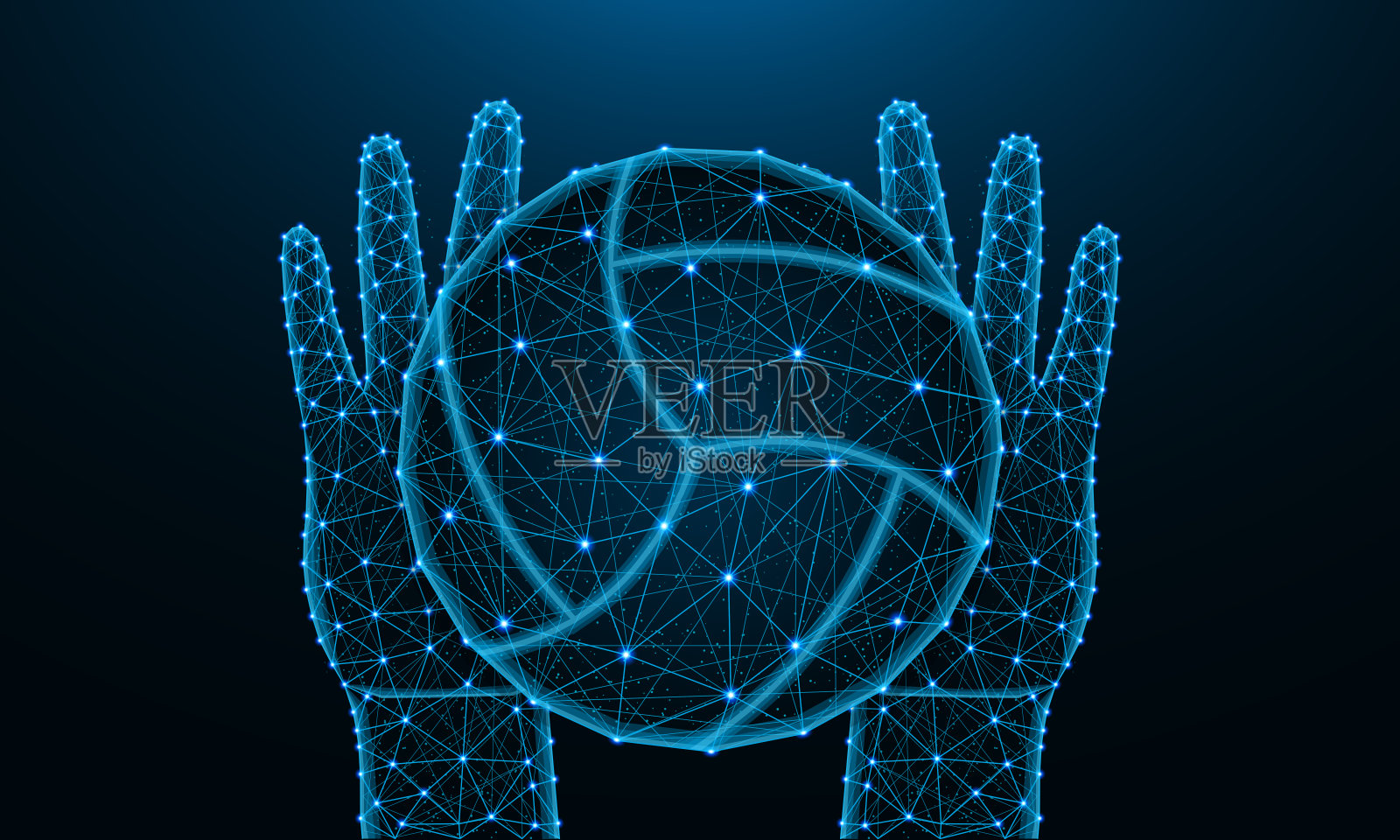 手和球打排球低多边形设计,运动游戏在多边形风格,接住或扔球线框矢量插图由点和线在深蓝色的背景插画图片素材