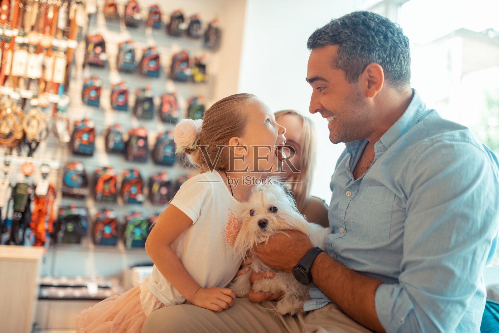 女儿与父母和小狗一起去宠物店玩得很开心照片摄影图片