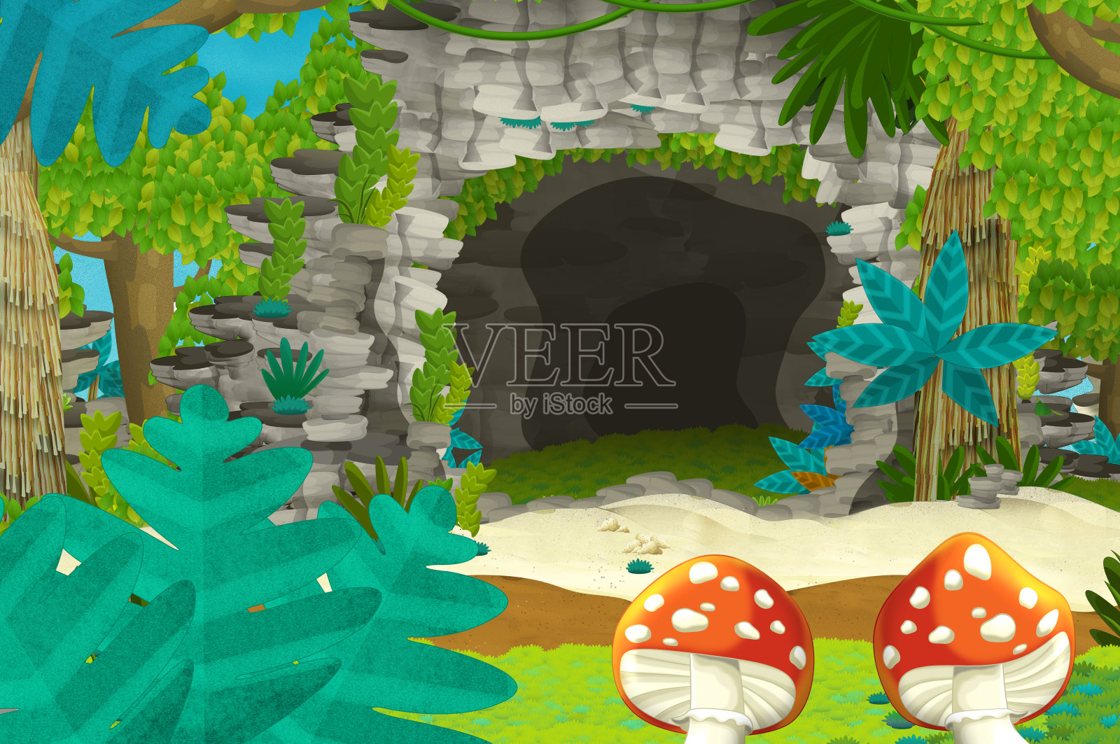 卡通背景与丛林中的洞穴插画图片素材