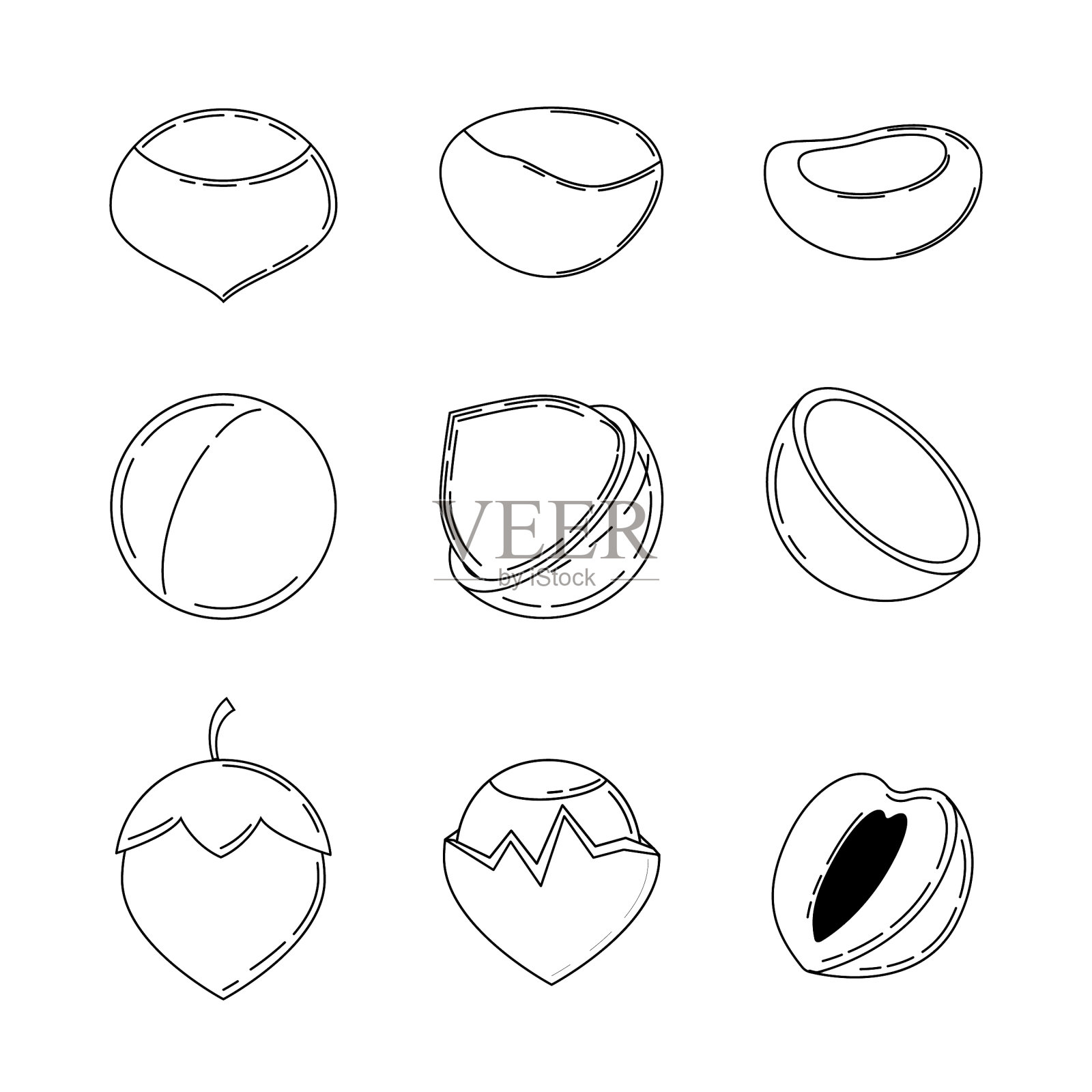 一套螺母的轮廓风格。栗子,澳洲坚果和榛子图标的设计和网络孤立的白色背景。插画图片素材
