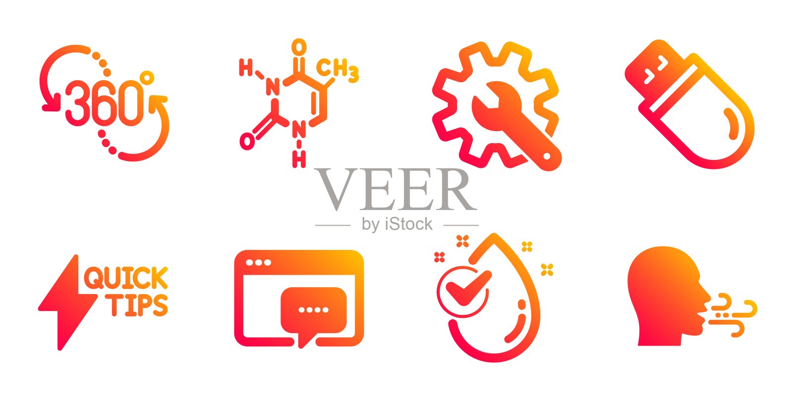 化学公式,Seo信息和水滴图标集。快速入门指南,u盘和360度标志。向量图标素材
