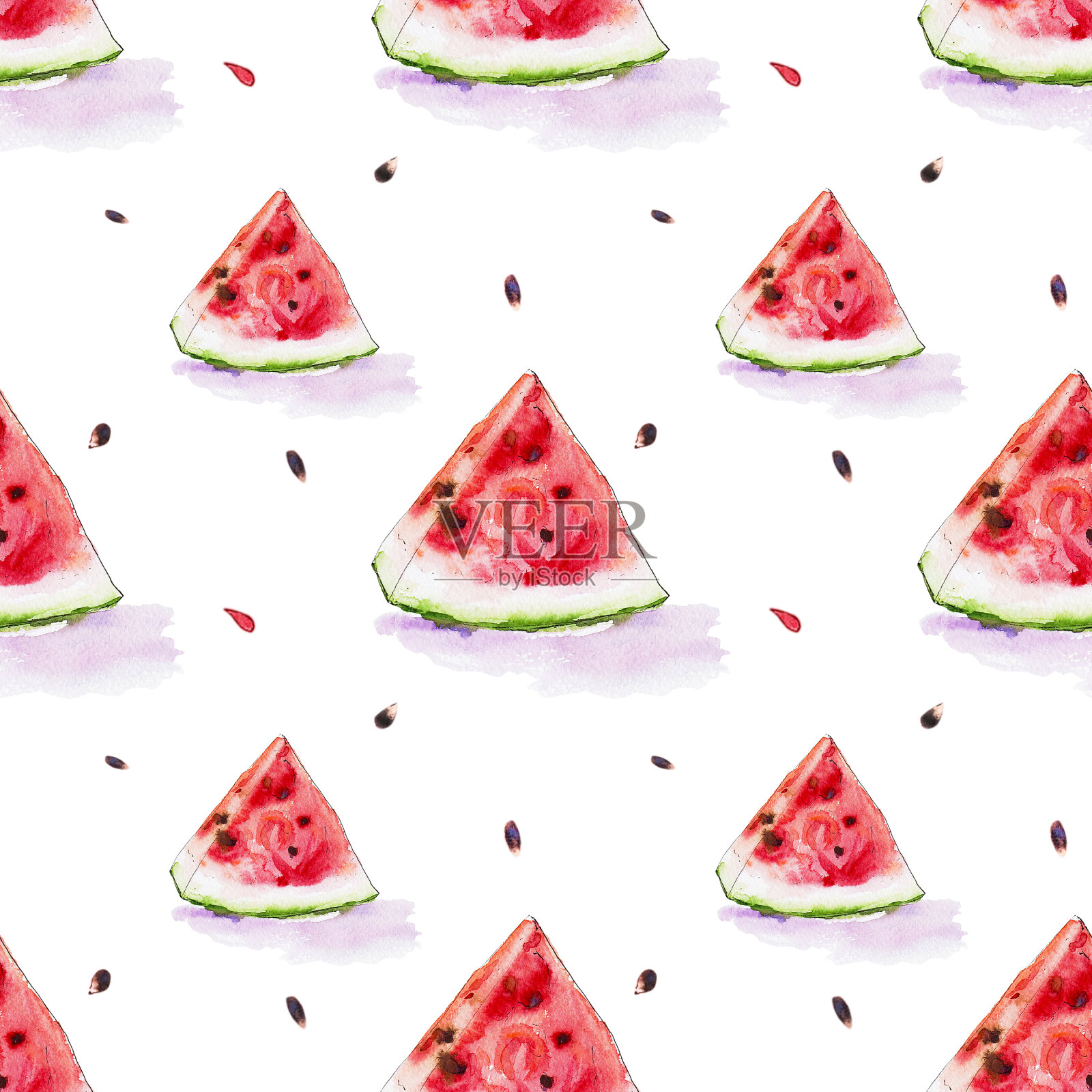 水彩无缝模式从红色多汁西瓜片。草图。手绘食物插图。插画图片素材