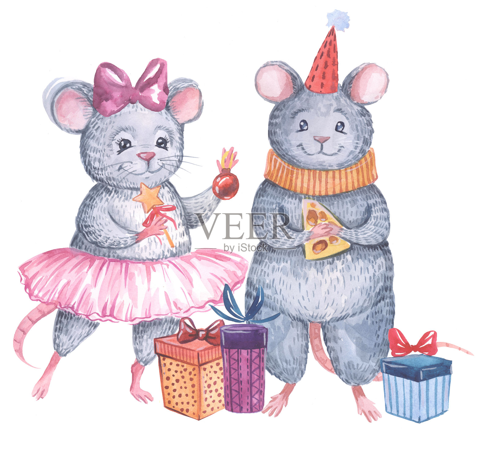 一对老鼠与奶酪和礼物新年象征水彩插图新年形象插画图片素材