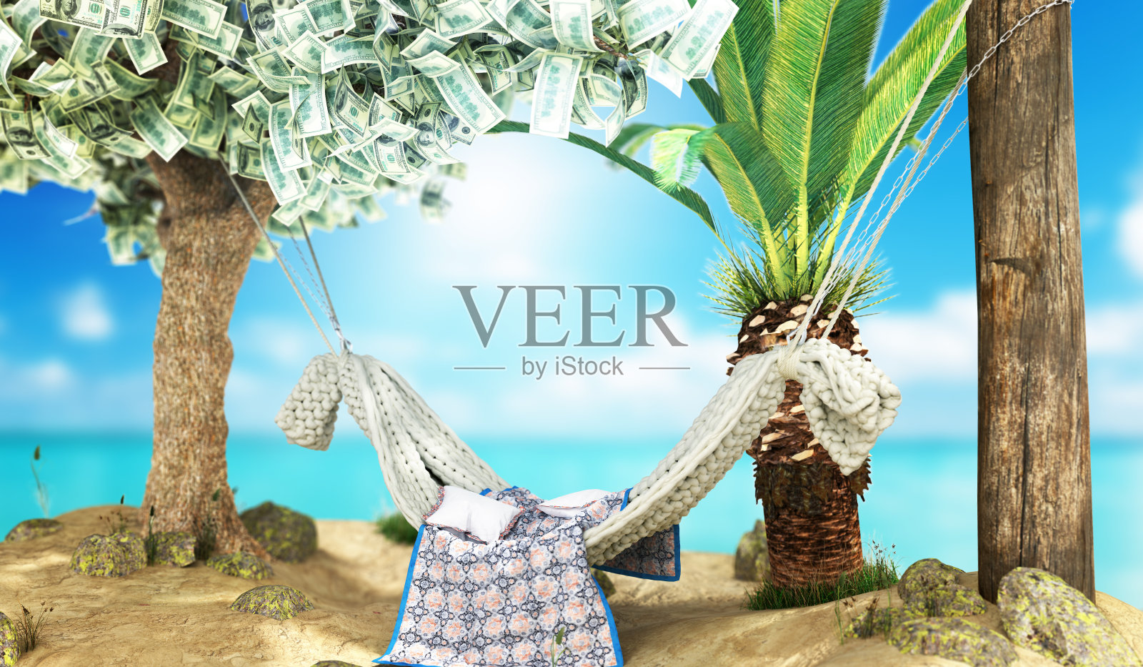 假期储蓄概念吊床附在一个钱树的背景3d渲染上的白色照片摄影图片