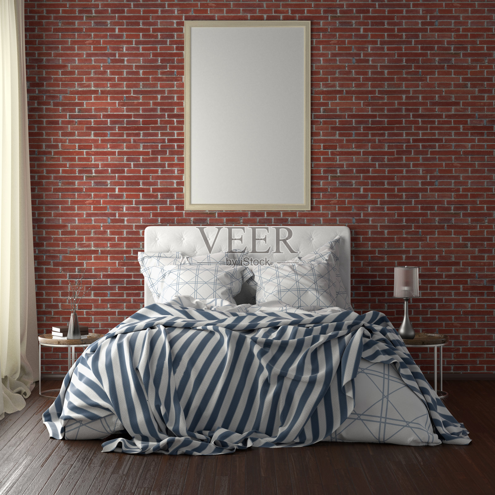 卧室墙上的床上方挂着海报框架模型照片摄影图片