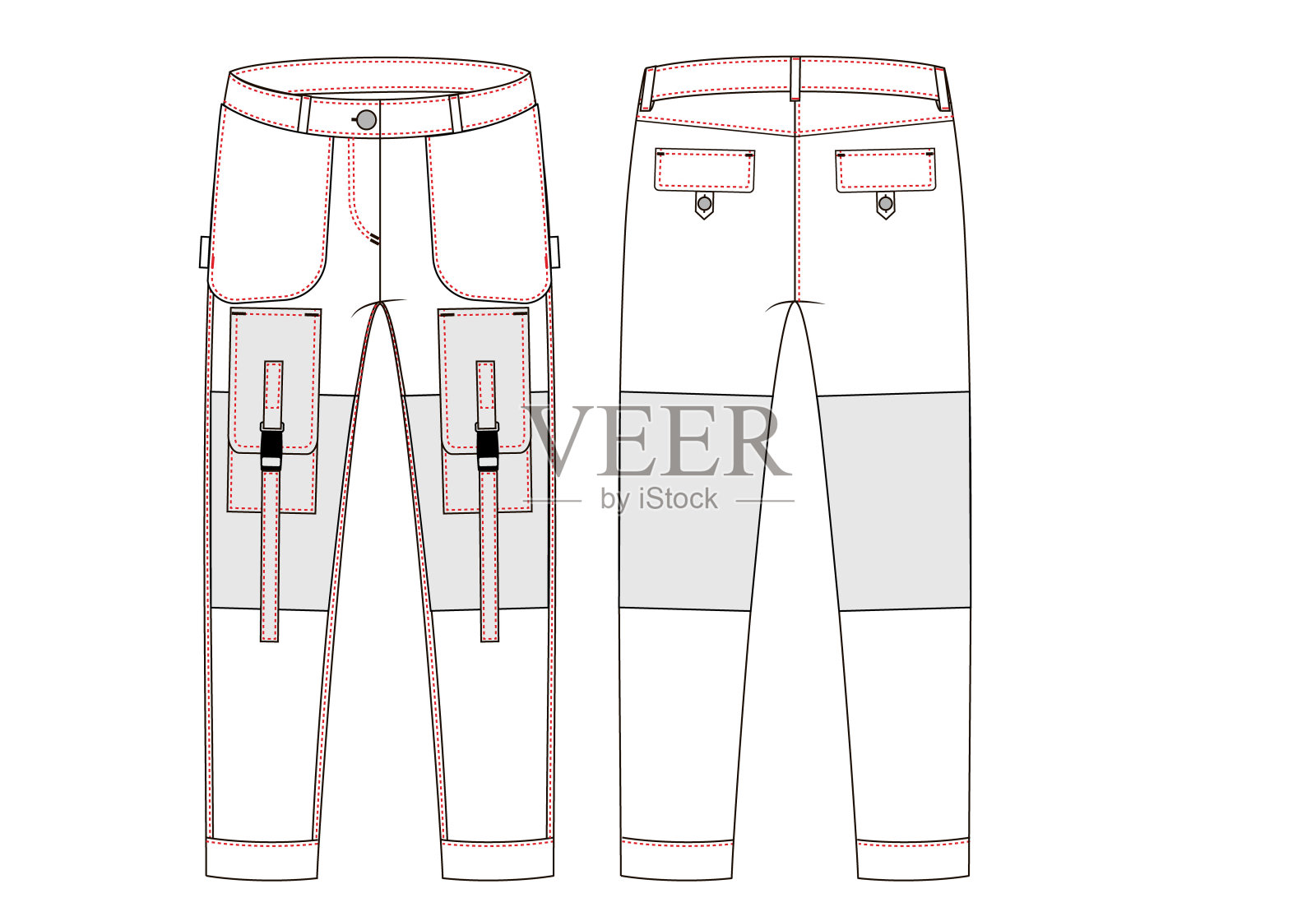 工装裤与大侧口袋技术草图。前后视图- Vektorgrafik插画图片素材